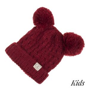 Double Pom C.C Beanie for Kids. Deep Red